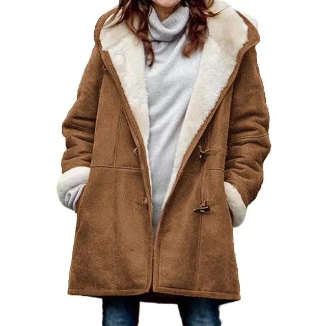 Chic Fuzzy Hooded Jacket with Horn Buttons
