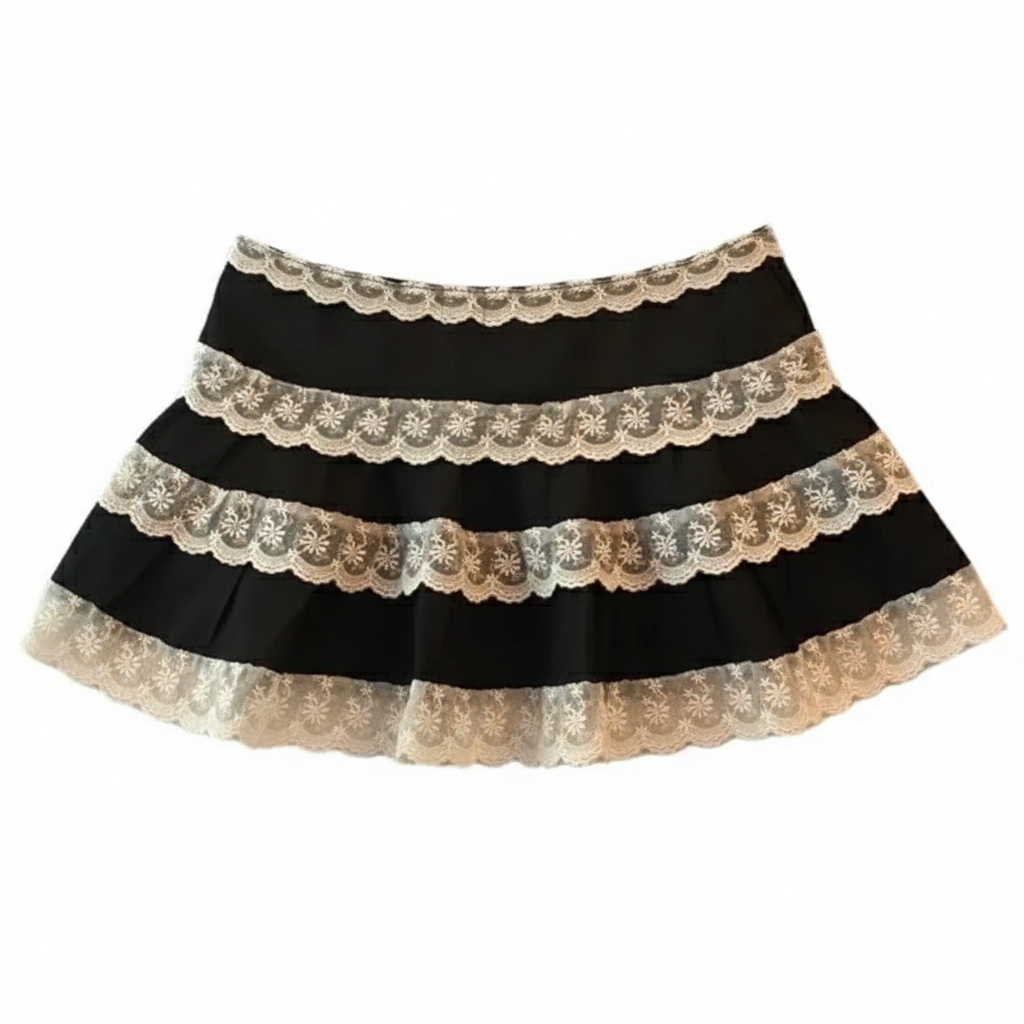 Black Mesh Lace Trimmed Skirt