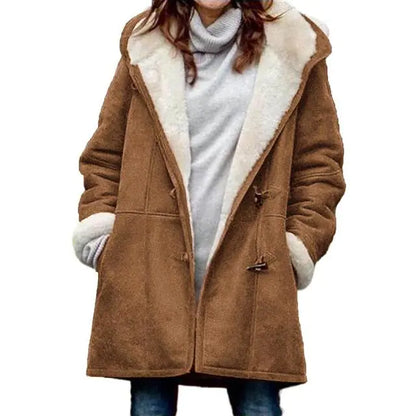 Chic Fuzzy Hooded Jacket with Horn Buttons