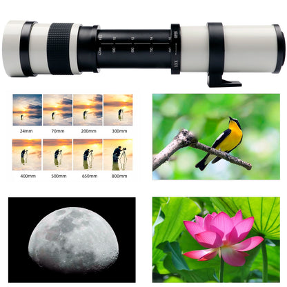 Lightdow Super Telephoto Manual Zoom Lens 420-800mm F8.3-16 With T2 Ring Adapter for Sony Canon Nikon Pentax Olympus Cameras