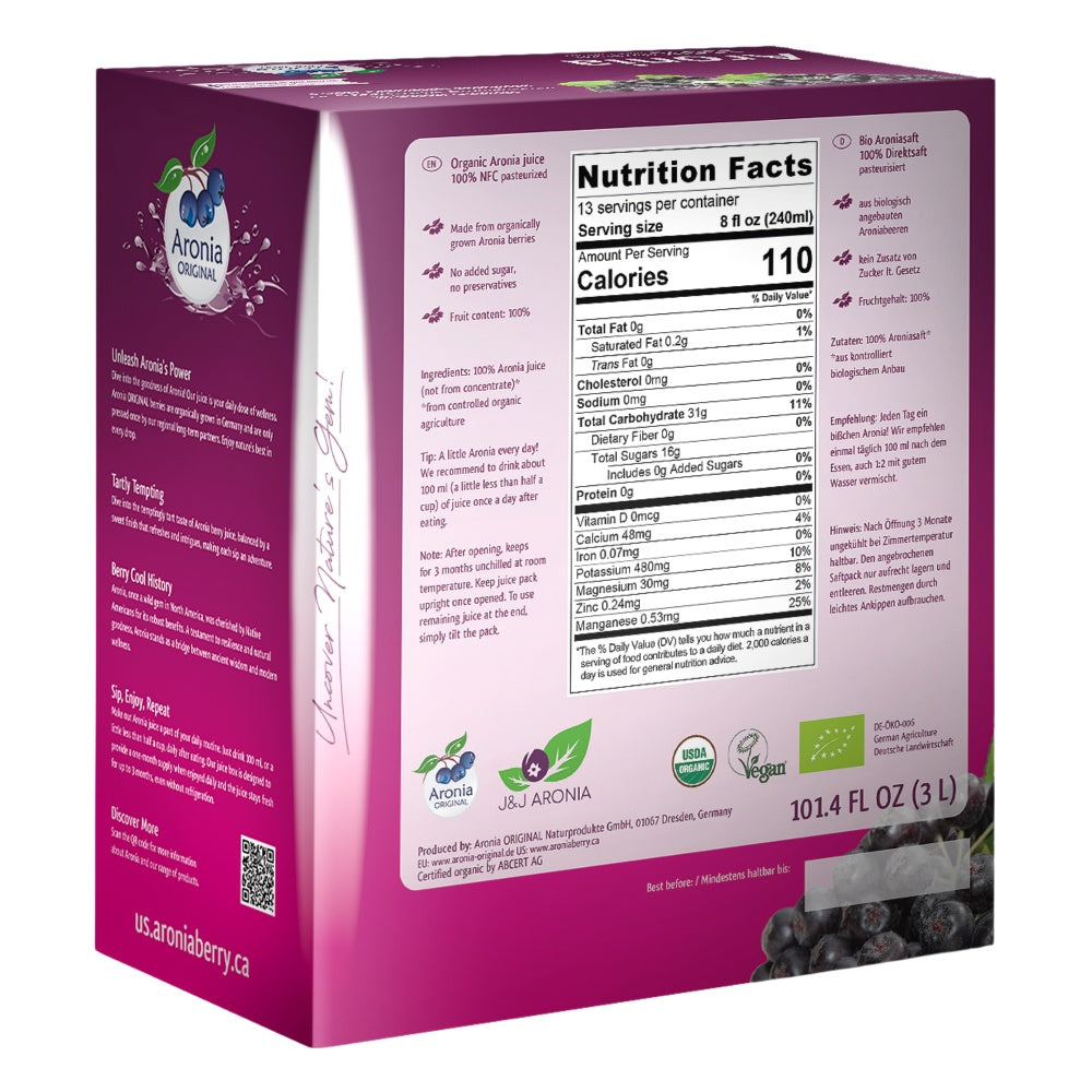 Organic Aronia Berry Juice 101.4 fl oz (3 Liter) Box | Not from Concentrate