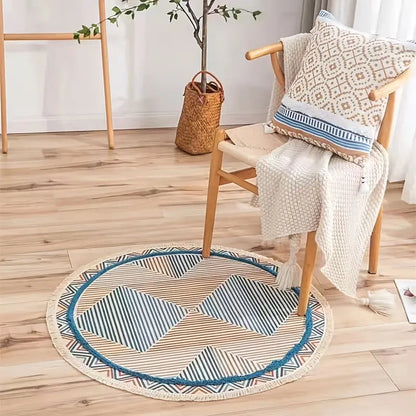 Tassel Round Rug in Cotton, Retro Ethnic Design (31.5in)