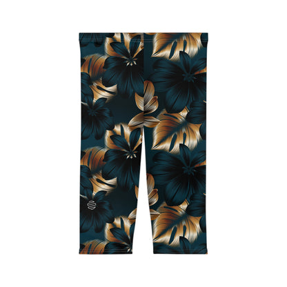 Teal & Gold Tropical Floral Capri Leggings
