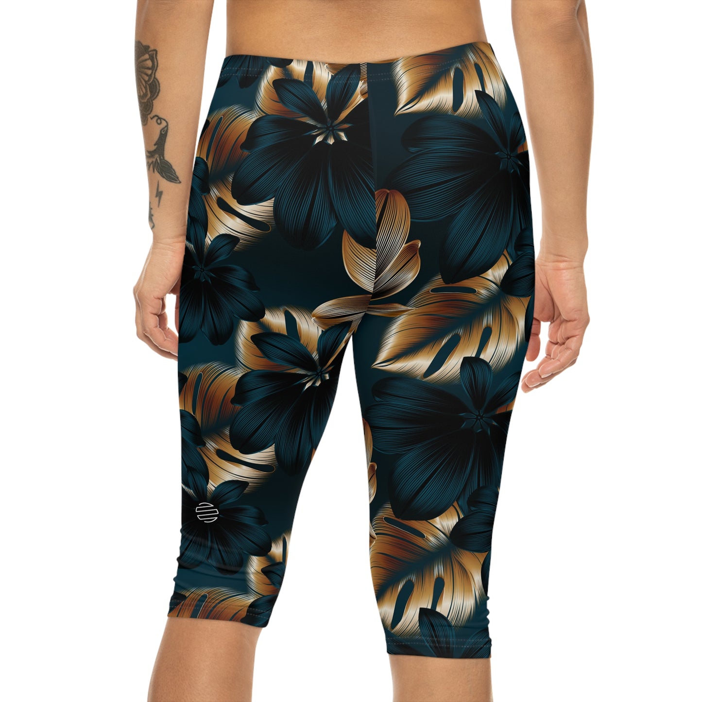 Teal & Gold Tropical Floral Capri Leggings