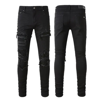Men's Black Patch Pleated Jeans