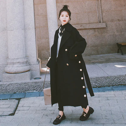 Women's Black Hepburn Wind Woolen Coat