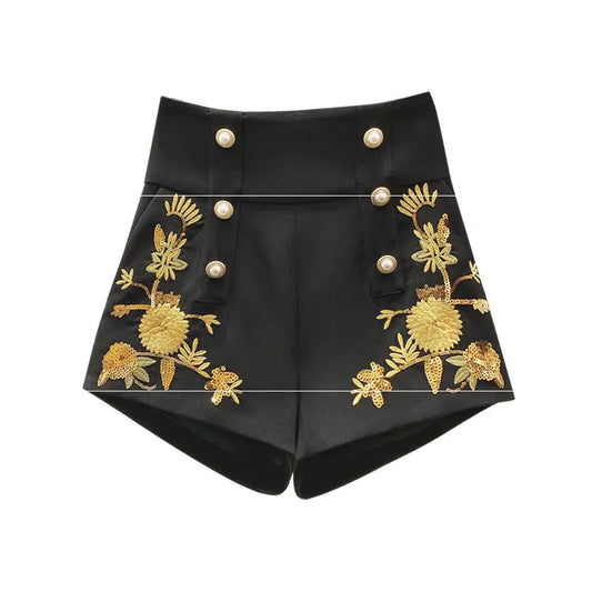 Retro Double-Breasted Wide-Leg Sequined Shorts for Women