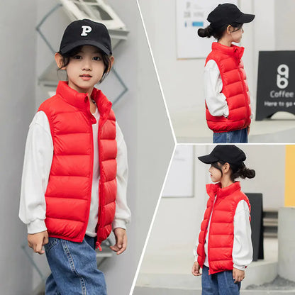 Kids Lightweight Down Vest with Stand Collar (90% White Duck Down)