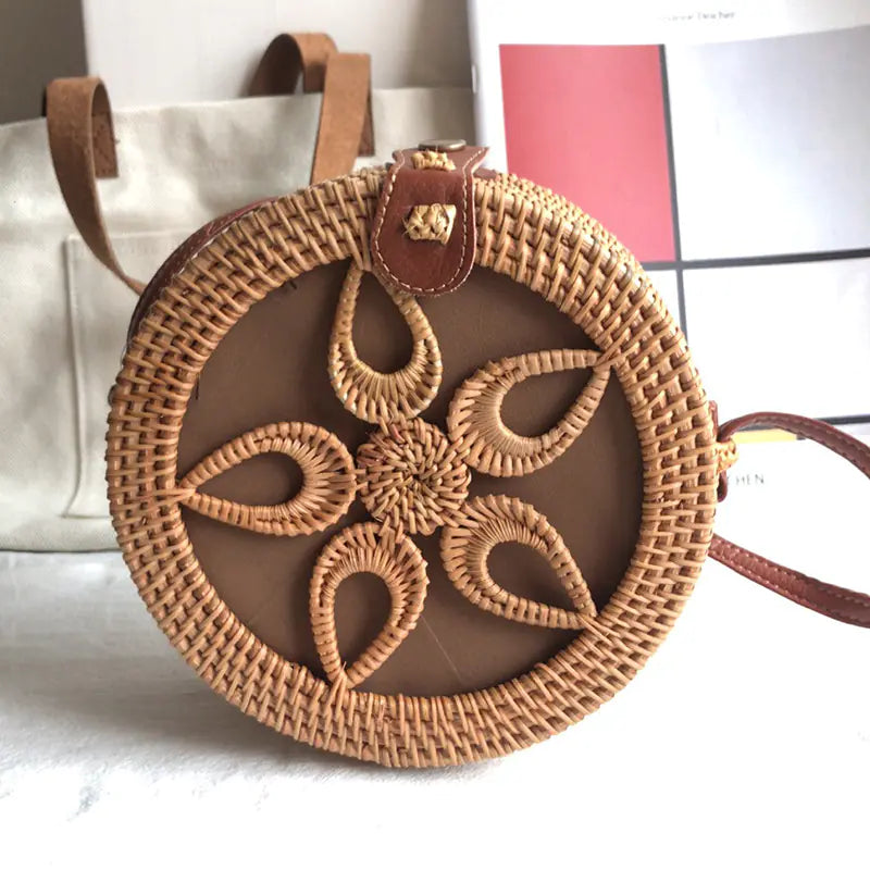 Handmade Rattan Hollow Star Bag with PU Leather Strap