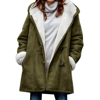 Chic Fuzzy Hooded Jacket with Horn Buttons