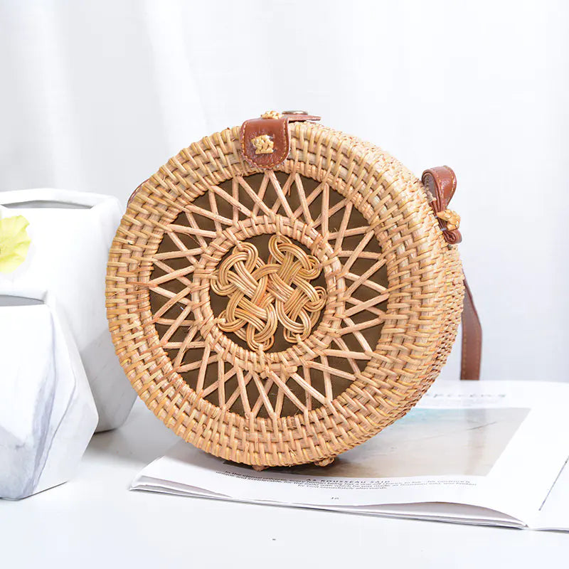 Handmade Rattan Hollow Star Bag with PU Leather Strap