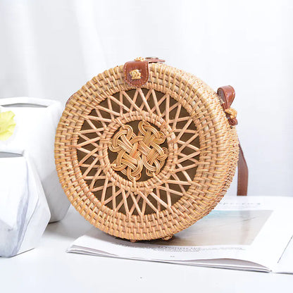 Handmade Rattan Hollow Star Bag with PU Leather Strap