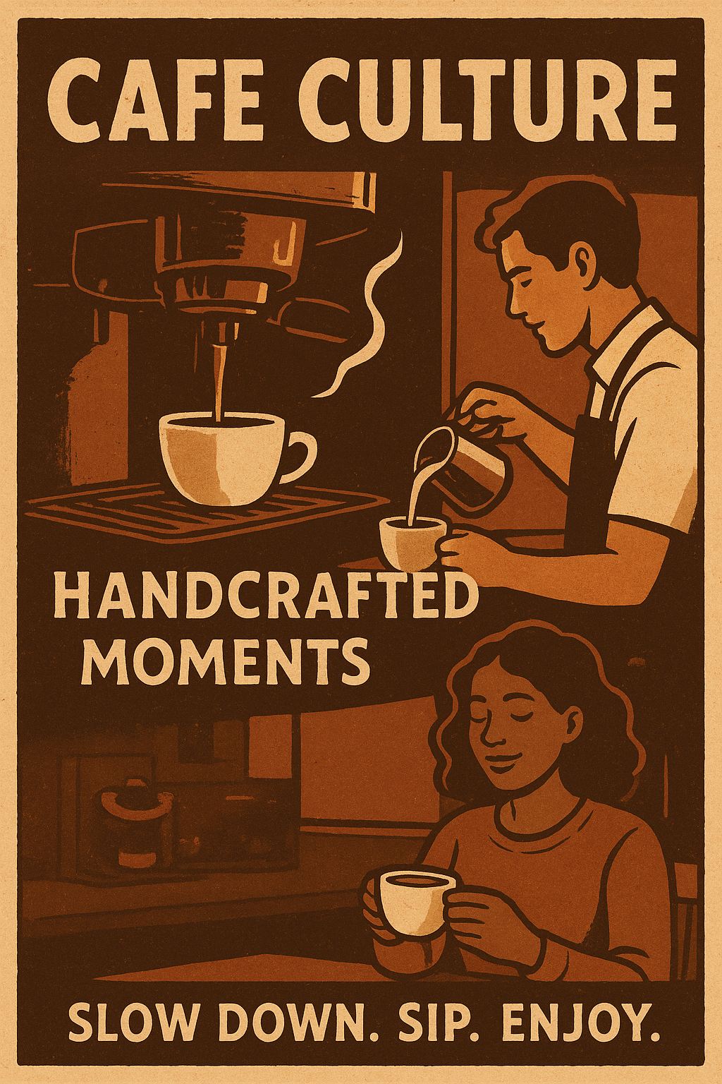 Poster of a barista and customer with coffee cups, featuring text about cafe culture and handcrafted moments.