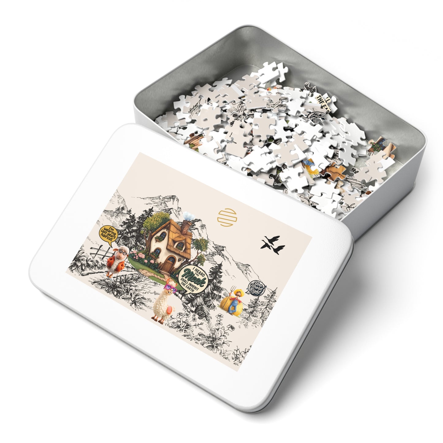 Earth Countryside Cottage Jigsaw Puzzle with Tin — Whimsical Farm Animals & Mountains (Includes Tin)