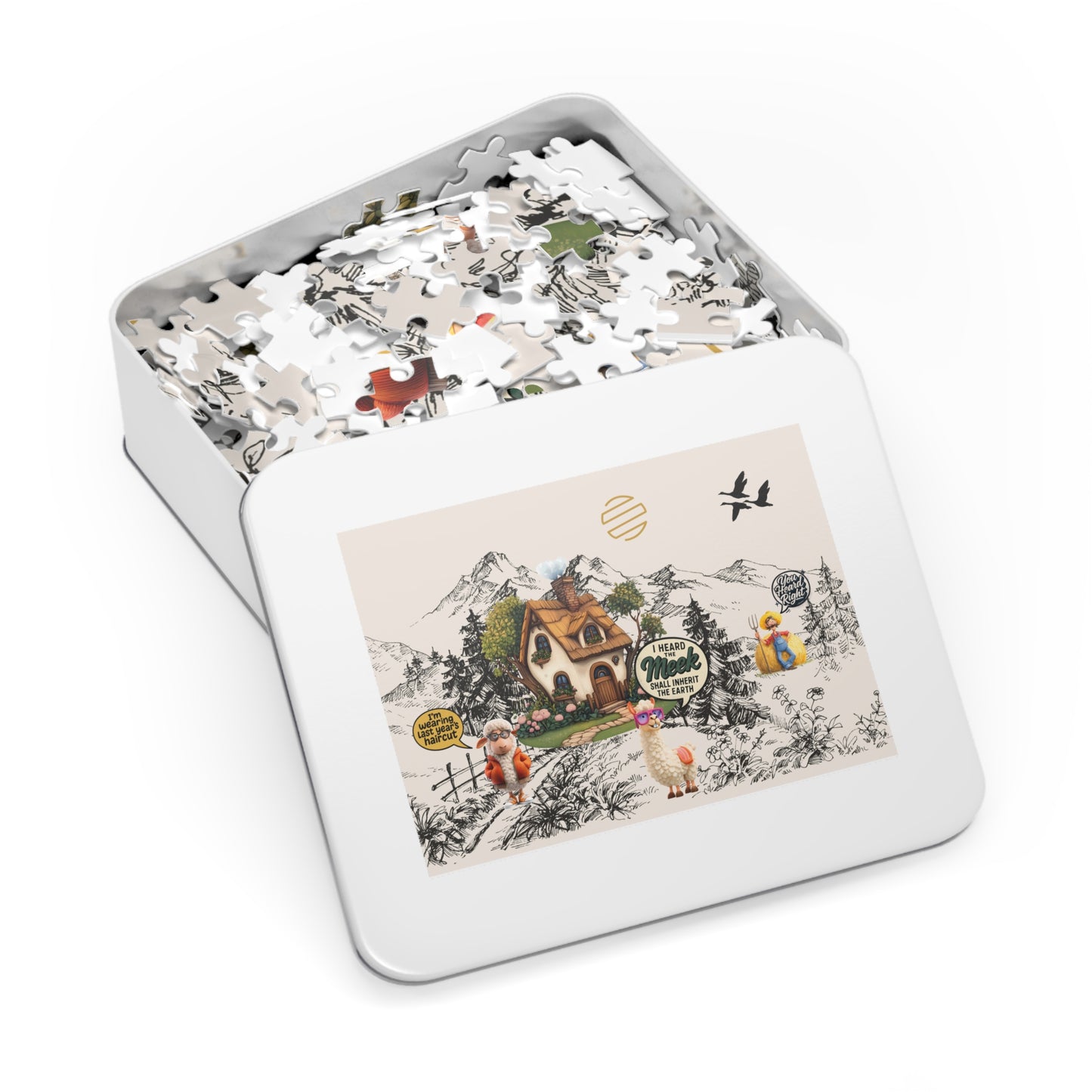 Earth Countryside Cottage Jigsaw Puzzle with Tin — Whimsical Farm Animals & Mountains (Includes Tin)