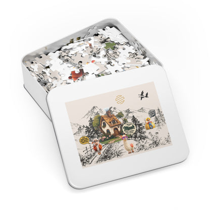 Earth Countryside Cottage Jigsaw Puzzle with Tin — Whimsical Farm Animals & Mountains (Includes Tin)