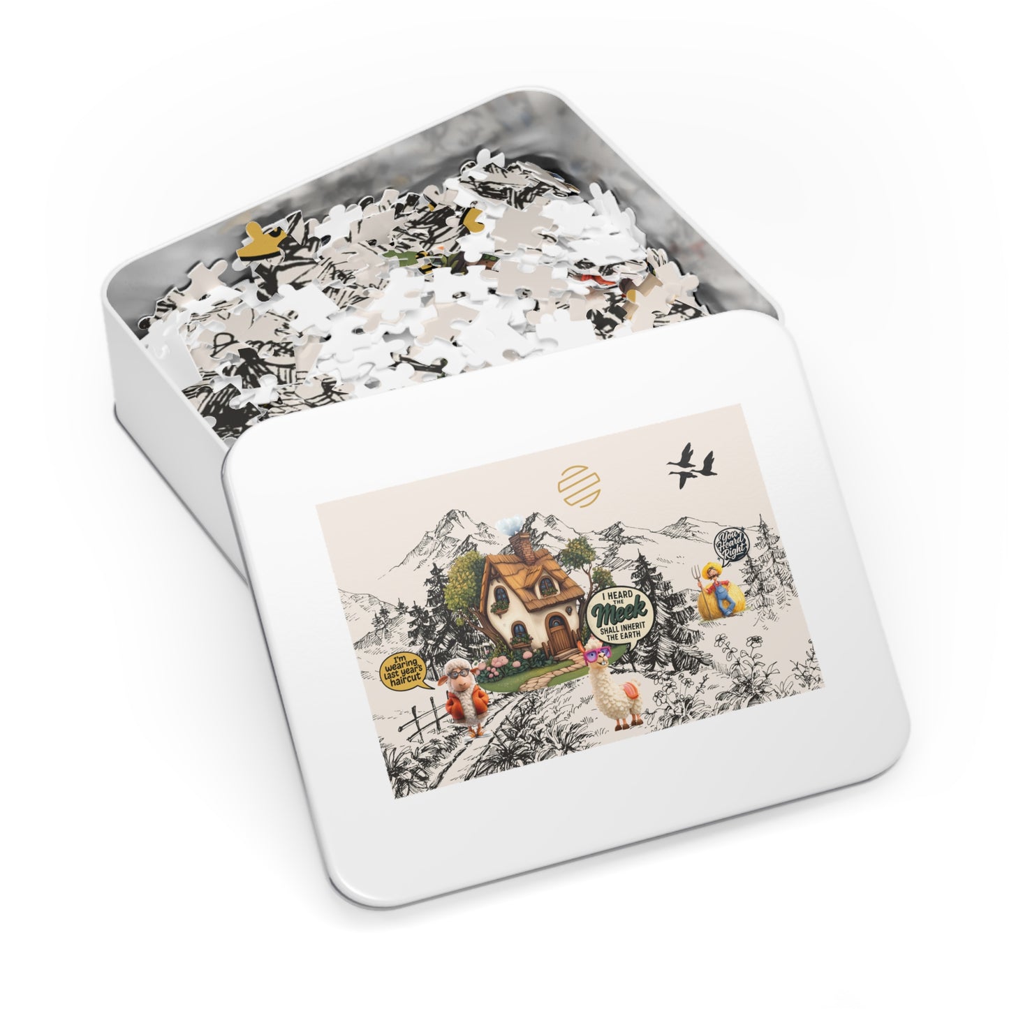 Earth Countryside Cottage Jigsaw Puzzle with Tin — Whimsical Farm Animals & Mountains (Includes Tin)