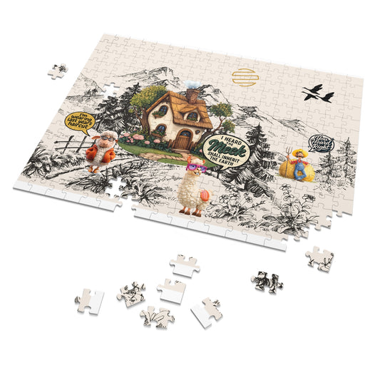 Earth Countryside Cottage Jigsaw Puzzle with Tin — Whimsical Farm Animals & Mountains (Includes Tin)