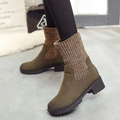 Wool Knit Short Boots with Chunky Heels and Thick Sole