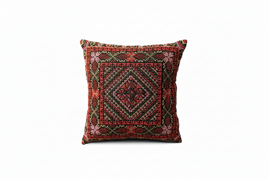 Tatreez Cushion Cover - Red with Green | 16x16" Palestinian Embroidery