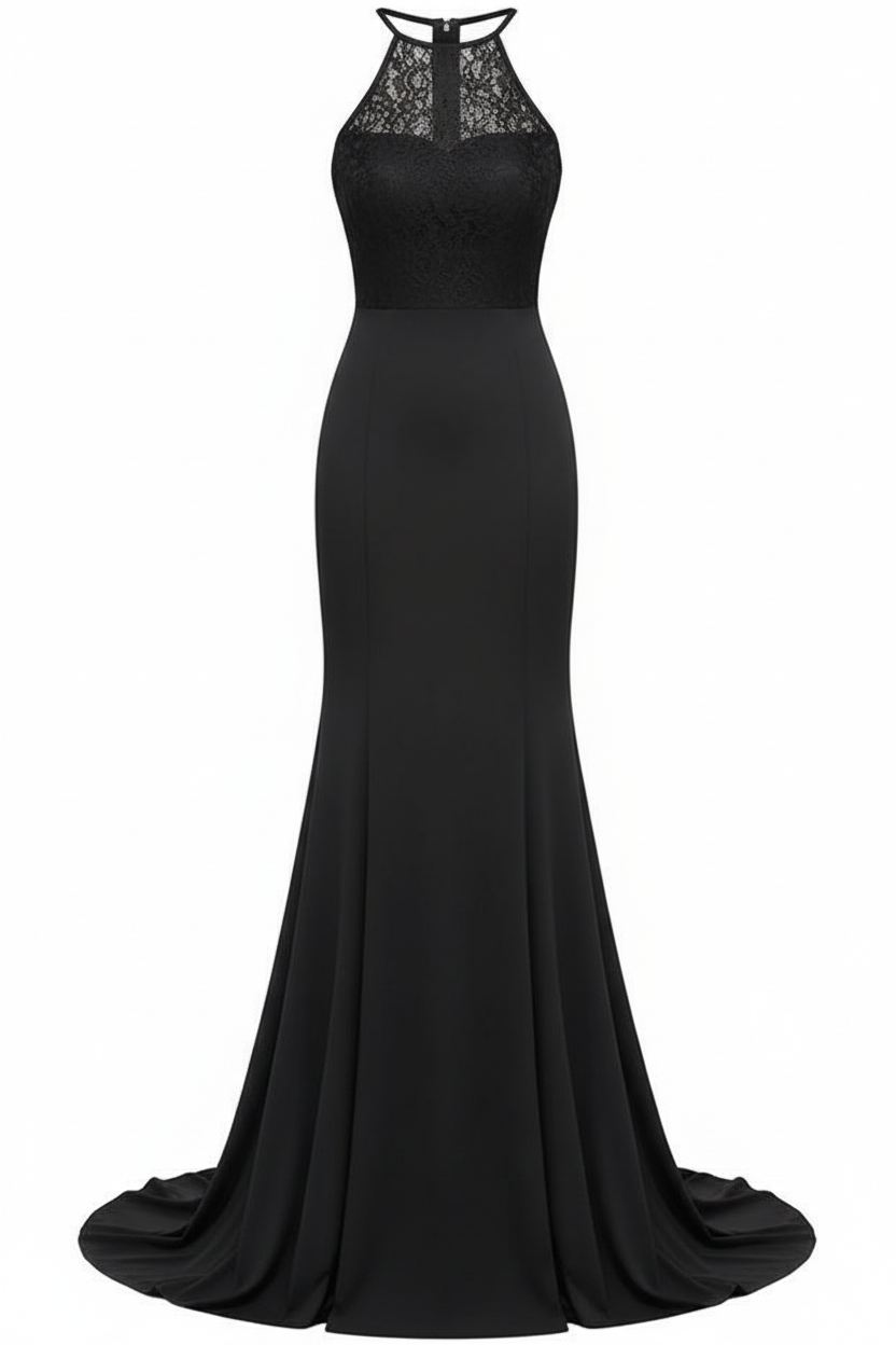 Women's Mermaid Halter Black Lace Evening Dress