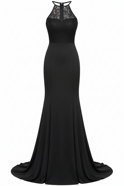 Women's Mermaid Halter Black Lace Evening Dress