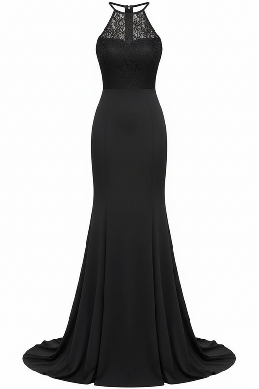 Women's Mermaid Halter Black Lace Evening Dress