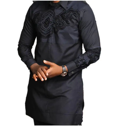 Black African Indo Cotton Lapel Shirt