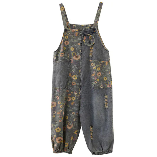 Retro Ripped Denim Overalls for Women