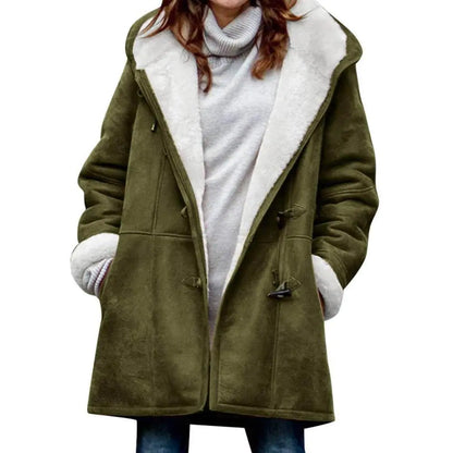 Chic Fuzzy Hooded Jacket with Horn Buttons