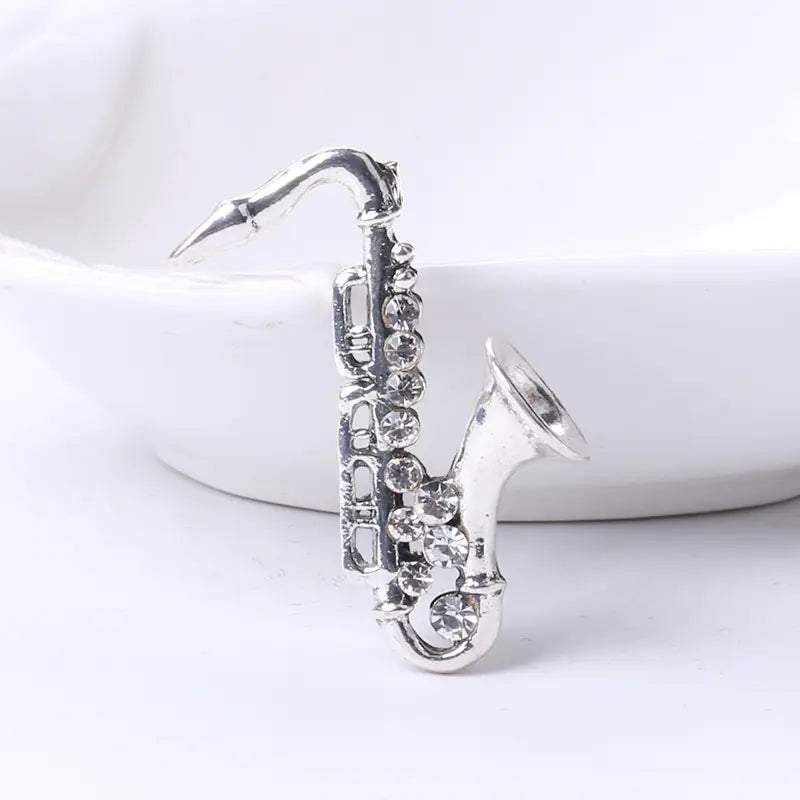 Saxophone-Shaped Brooch with Colorful Rhinestones
