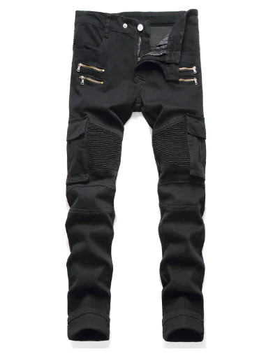 Men's Black Motorcycle Jeans with Folded Design