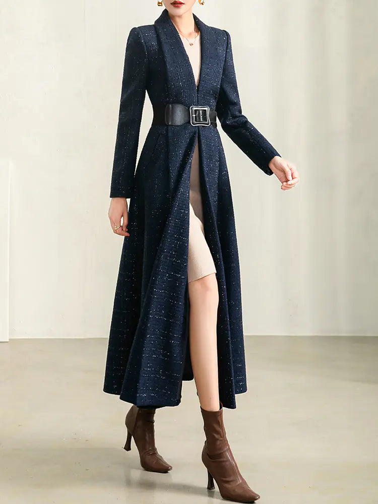 Women's Autumn Blue Plaid Wool Coat with Collar