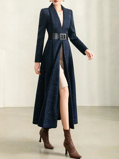 Women's Autumn Blue Plaid Wool Coat with Collar