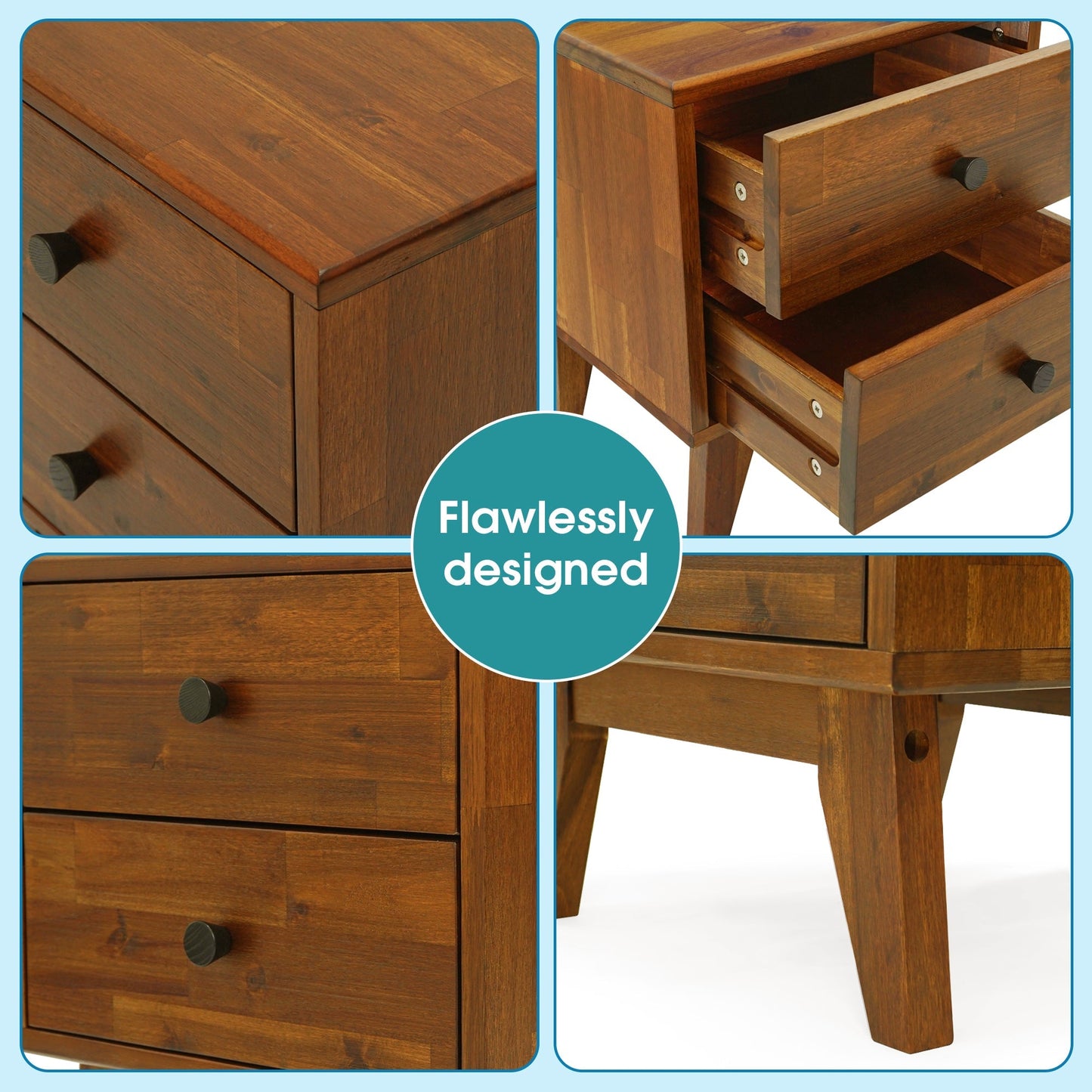 Acacia Silvia 2-Drawer Solid Wood Nightstand for Modern Bedrooms