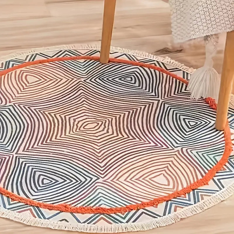 Tassel Round Rug in Cotton, Retro Ethnic Design (31.5in)