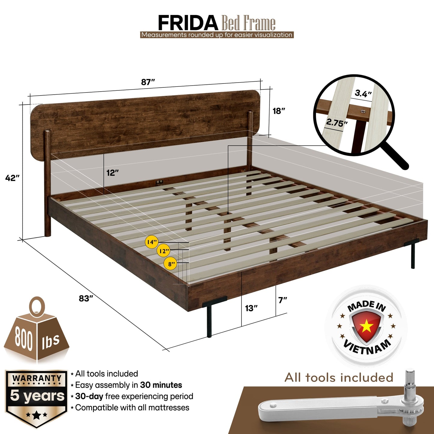 Frida Deluxe Solid Wood Bed Frame - Premium Quality Craftsmanship and Timeless Elegance