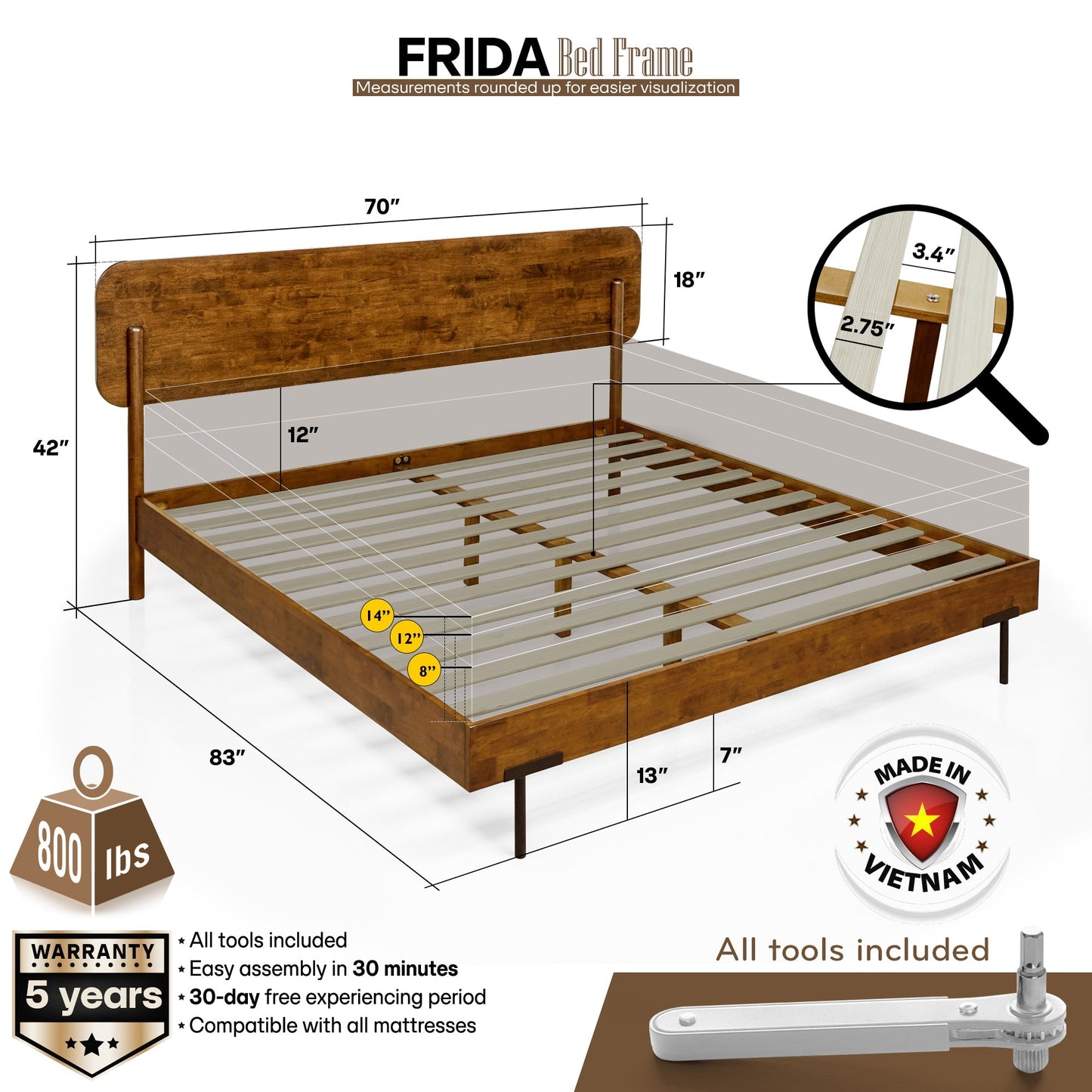 Frida Deluxe Solid Wood Bed Frame - Premium Quality Craftsmanship and Timeless Elegance