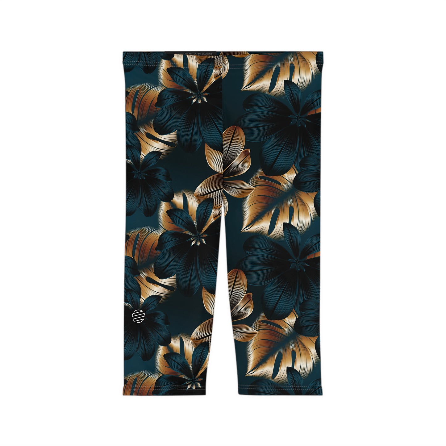 Teal & Gold Tropical Floral Capri Leggings
