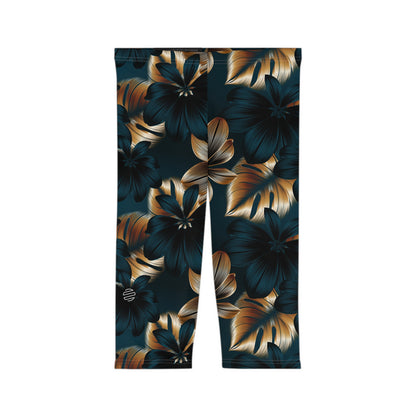 Teal & Gold Tropical Floral Capri Leggings