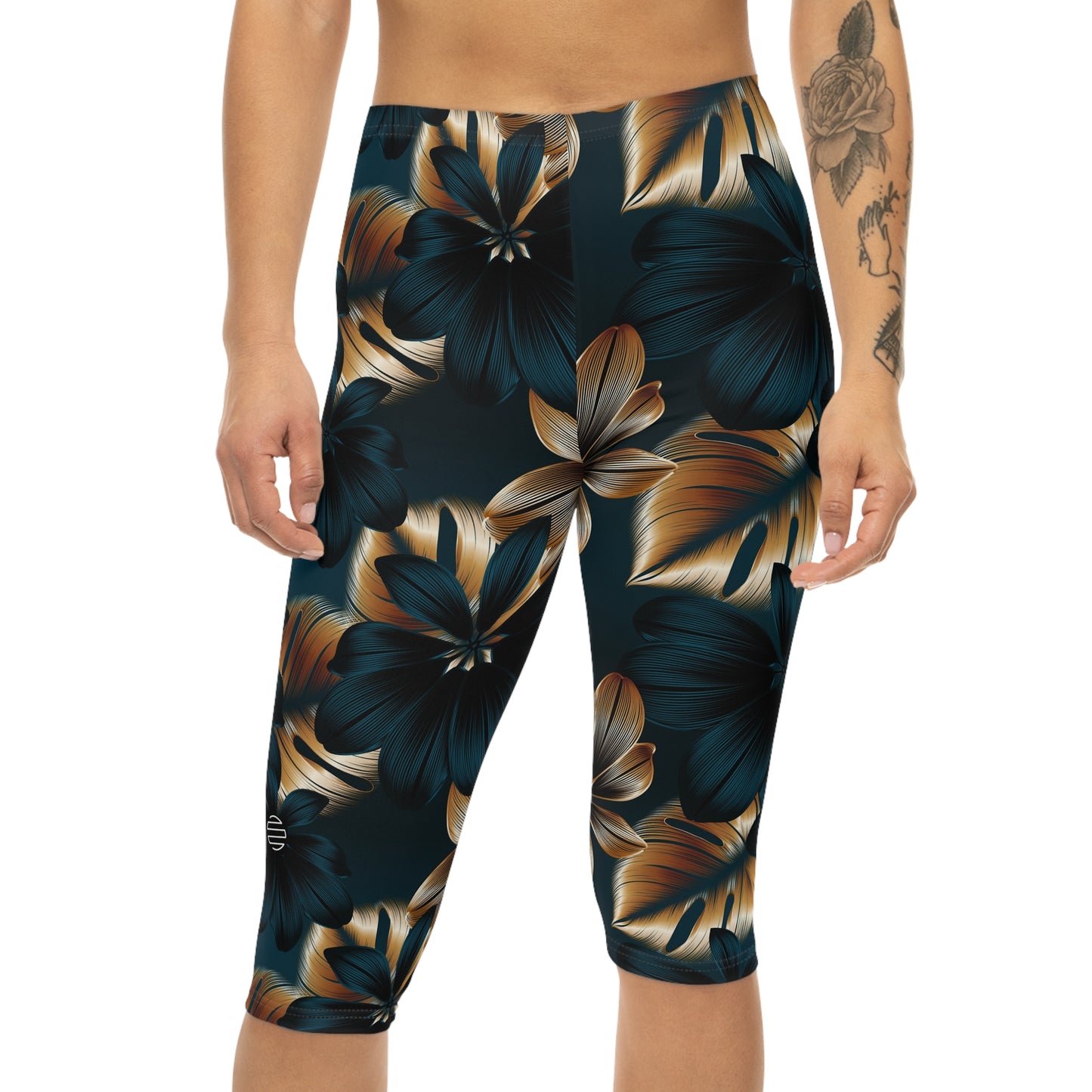 Teal & Gold Tropical Floral Capri Leggings