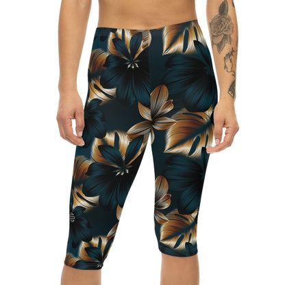Teal & Gold Tropical Floral Capri Leggings
