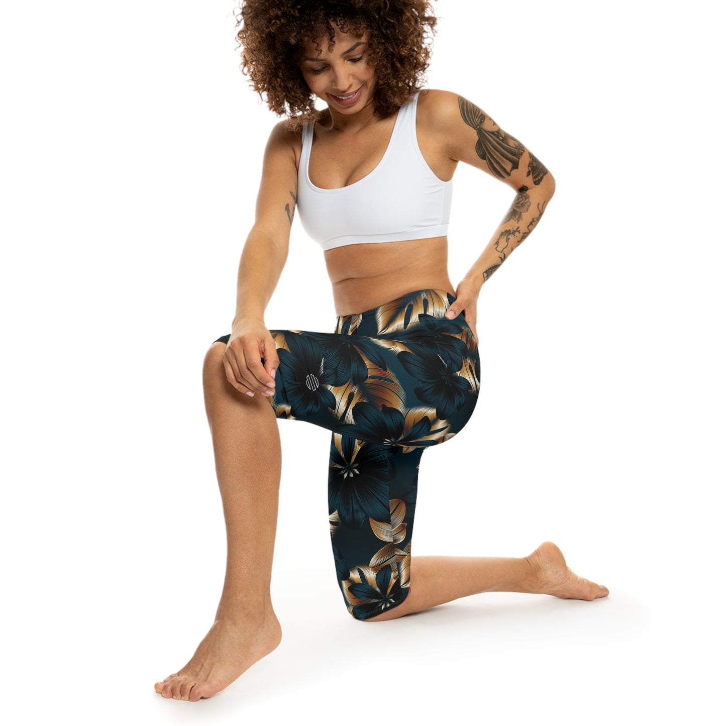 Teal & Gold Tropical Floral Capri Leggings