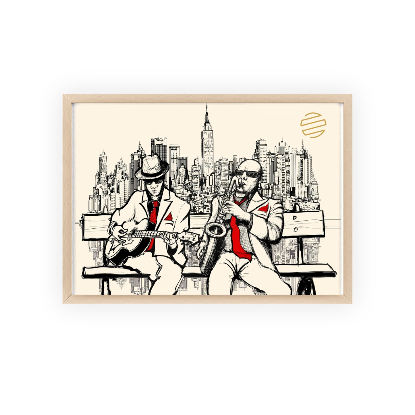 Jazz Duo Cityscape Poster with Wooden Frame — Vintage NYC Musicians Wall Art