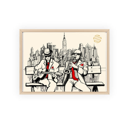 Jazz Duo Cityscape Poster with Wooden Frame — Vintage NYC Musicians Wall Art