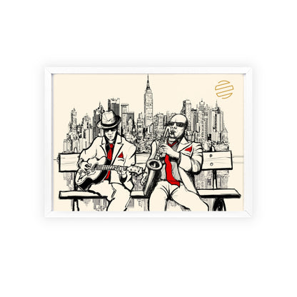 Jazz Duo Cityscape Poster with Wooden Frame — Vintage NYC Musicians Wall Art