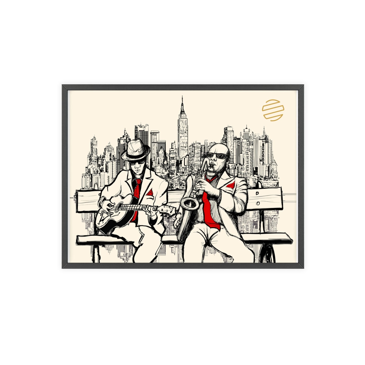 Jazz Duo Cityscape Poster with Wooden Frame — Vintage NYC Musicians Wall Art