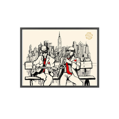 Jazz Duo Cityscape Poster with Wooden Frame — Vintage NYC Musicians Wall Art