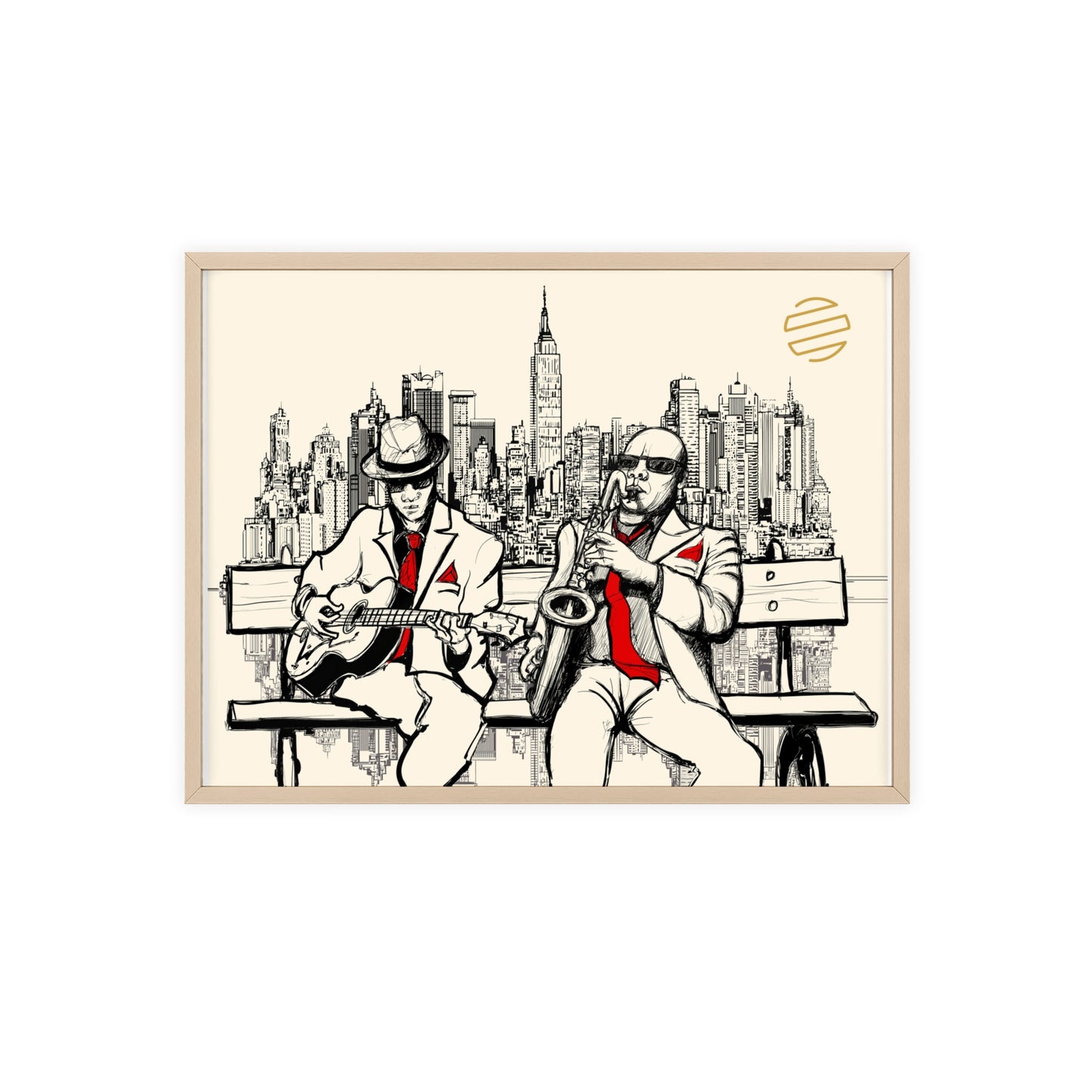 Jazz Duo Cityscape Poster with Wooden Frame — Vintage NYC Musicians Wall Art