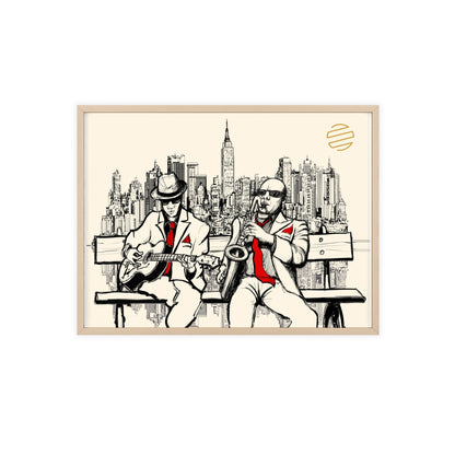 Jazz Duo Cityscape Poster with Wooden Frame — Vintage NYC Musicians Wall Art